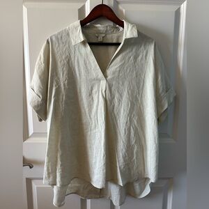 Neutral Linen Blend Office Blouse Relaxed Minimalist Workwear Top XL